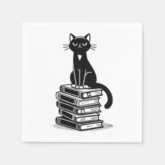  Black Cat and Books – Minimalist Design Napkins