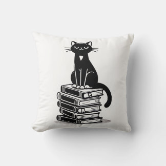  Black Cat and Books – Minimalist Design Throw Pillow
