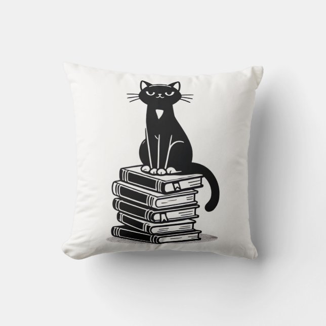  Black Cat and Books – Minimalist Design Throw Pillow (Front)