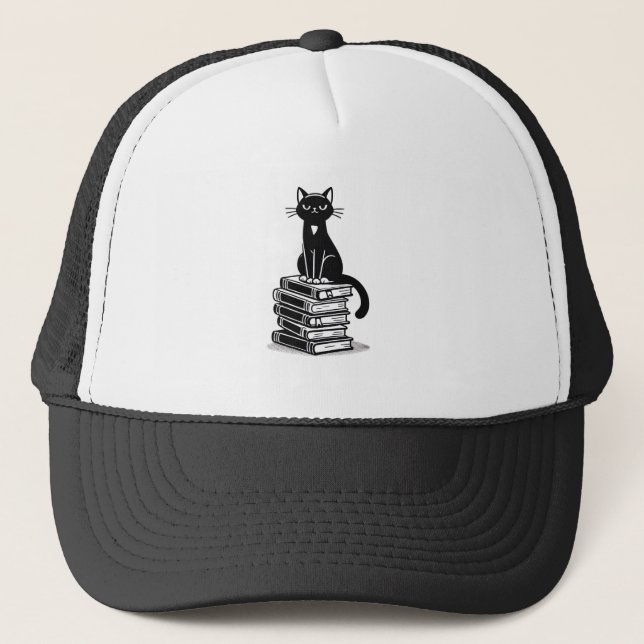 Black Cat and Books – Minimalist Design Trucker Hat (Front)