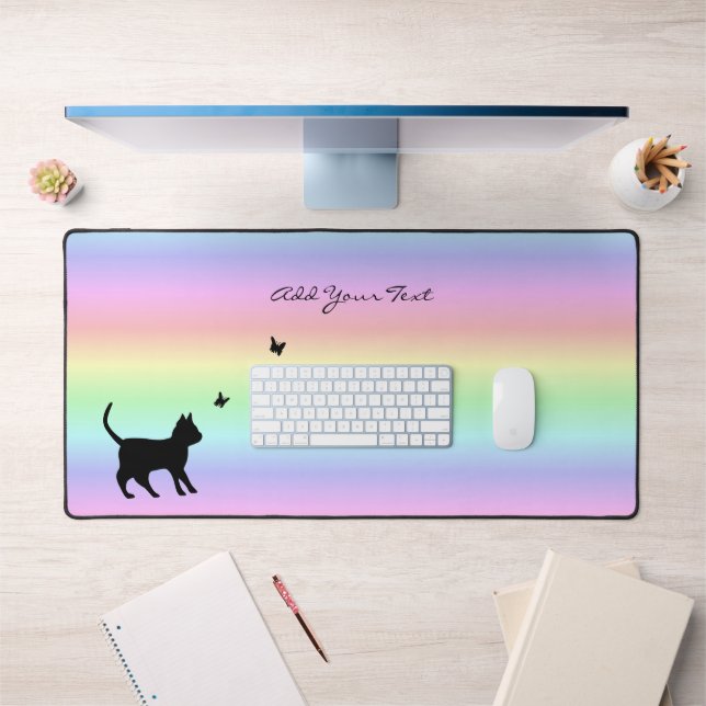 Black Cat and Butterfly on Rainbow Desk Mat (Office 1)