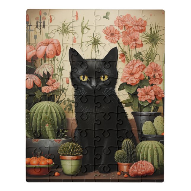 Black Cat and Cactus Plants Jigsaw Puzzle (Puzzle Vertical)