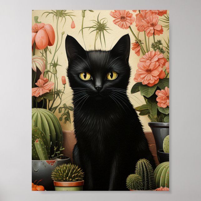 Black Cat and Cactus Plants Poster (Front)