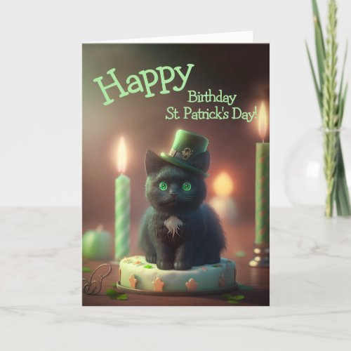 Black Cat and Cake Birthday St Patricks Day Holiday Card