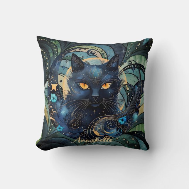 Black Cat and Celestial Moon throw pillow. Throw Pillow (Front)