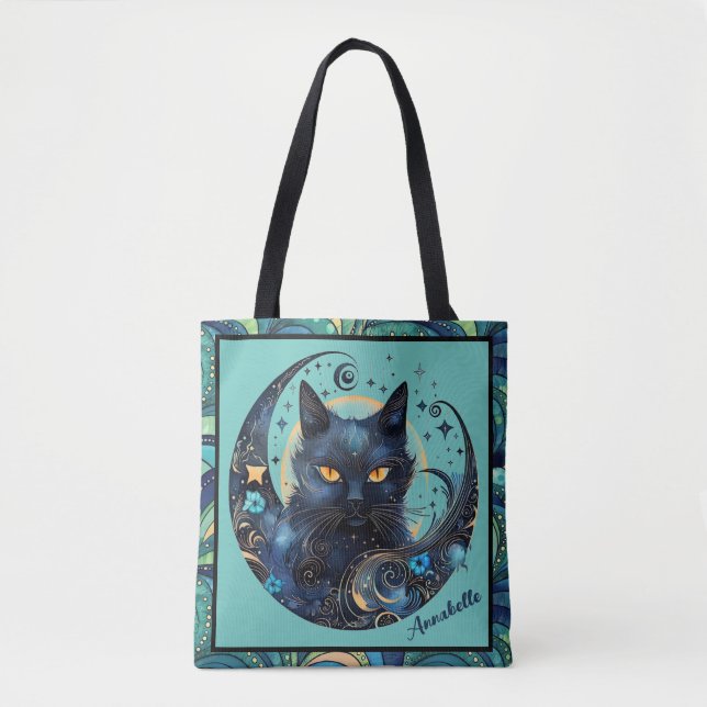 Black Cat and Celestial Moon Tote Bag (Front)