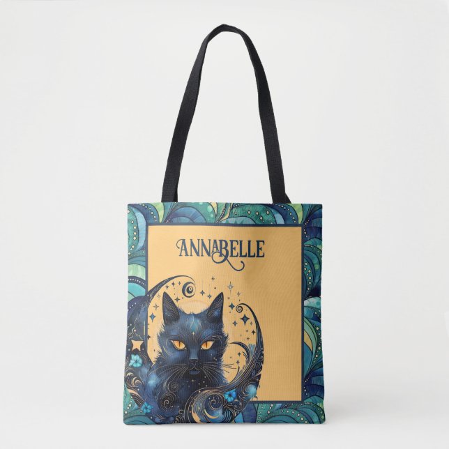 Black Cat and Celestial Moon Tote Bag (Front)