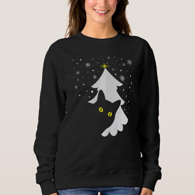 Black Cat and Christmas Tree  Cat Xmas Sweatshirt (Front)