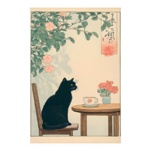 Black Cat And Coffee Print Ukiyo-e Japandi Art