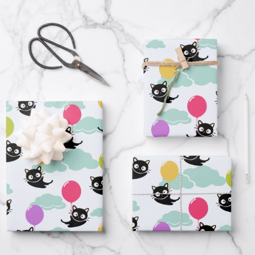 Black Cat and Colorful Balloons Birthday Wrapping Paper Sheets