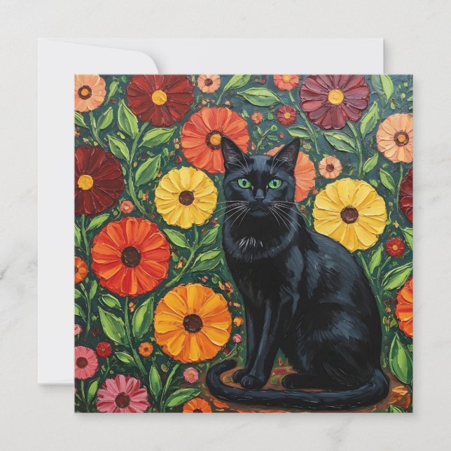 Black Cat and Colorful Folk Art Flowers (Front)
