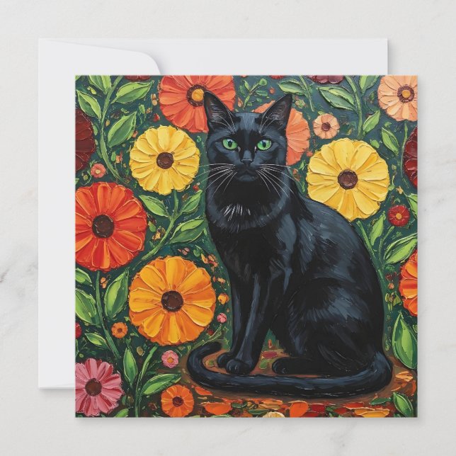 Black Cat and Colorful Folk Art Flowers Card (Front)