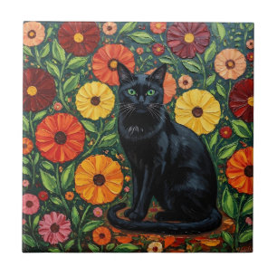 Black Cat and Colorful Folk Art Flowers Ceramic Tile