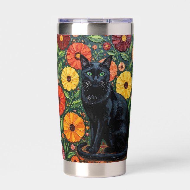 Black Cat and Colorful Folk Art Flowers Insulated Tumbler (Front)