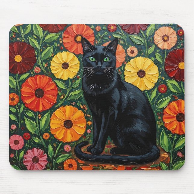 Black Cat and Colorful Folk Art Flowers Mouse Pad (Front)
