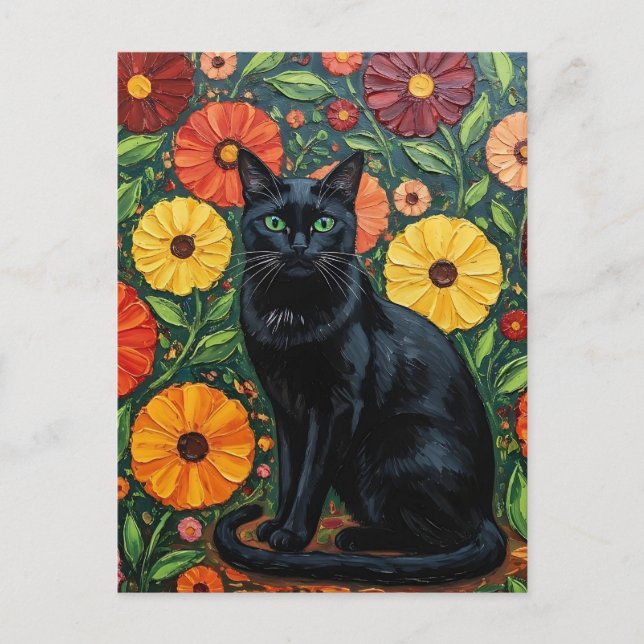 Black Cat and Colorful Folk Art Flowers Postcard (Front)