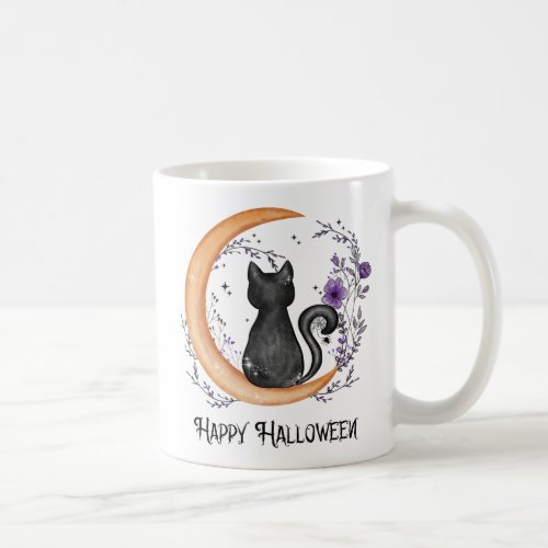 Black Cat and Crescent Moon for Happy Halloween Coffee Mug