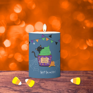 Black Cat and Cupcake Blue Halloween Pillar Candle