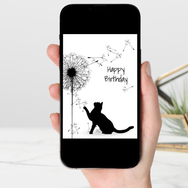 Black Cat and Dandelion Birthday Card (Front Digital)