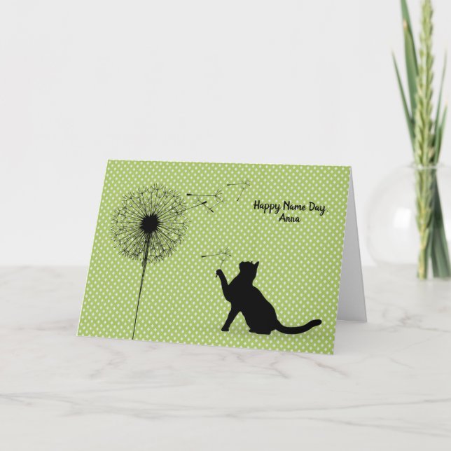 Black cat and dandelion Name Day Card (Front)