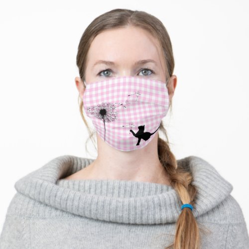 Black cat and dandelion on gingham adult cloth face mask