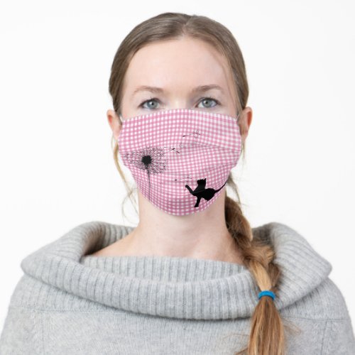 black cat and dandelion on pink gingham adult cloth face mask