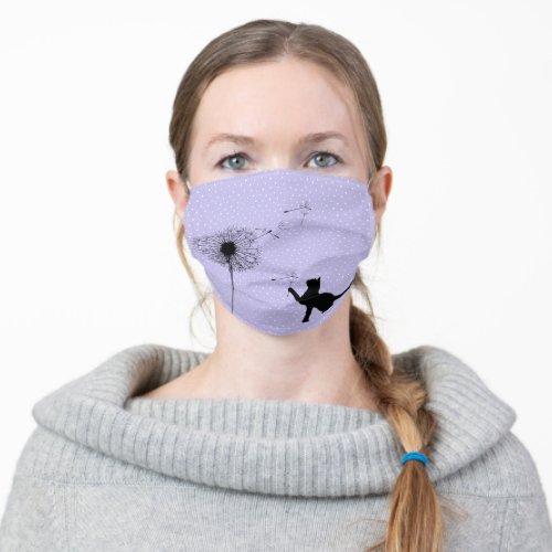 Black cat and dandelion on purple adult cloth face mask