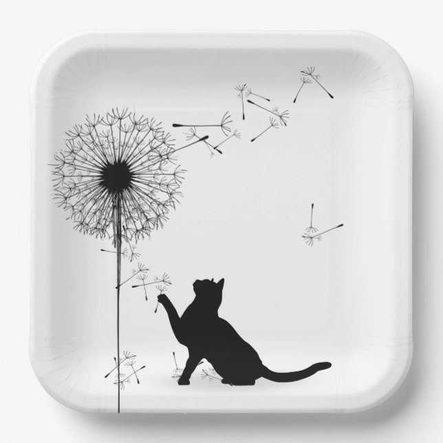 Black Cat and Dandelion  Paper Plates (Front)