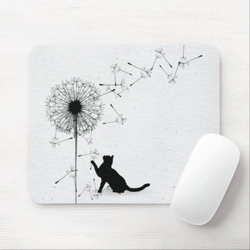 Black Cat and Dandelion Seeds Mouse Pad