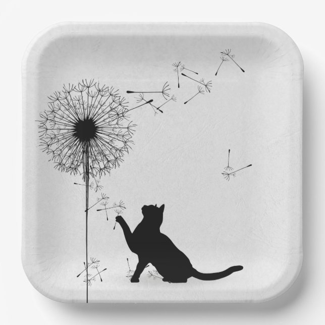 Black Cat and Dandelion Seeds Paper Plates (Front)