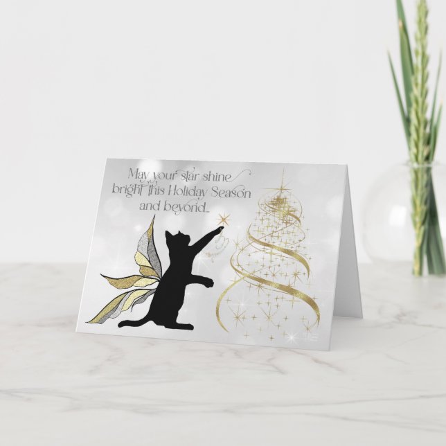 Black Cat and Decorative Gold Tree Holiday Card (Front)