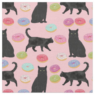 black cat and donuts pink pattern fabric
