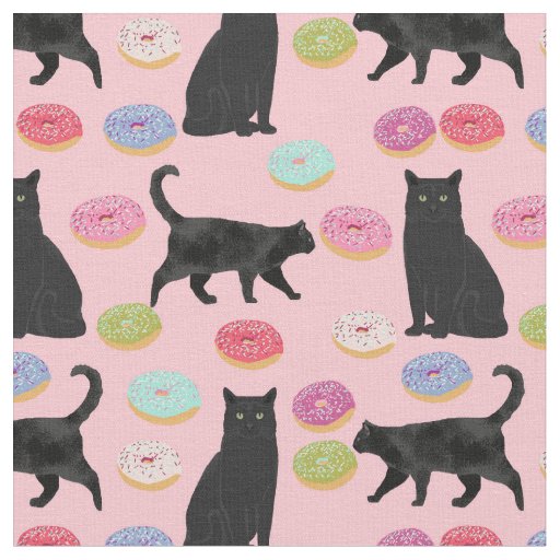 black cat and donuts pink pattern fabric