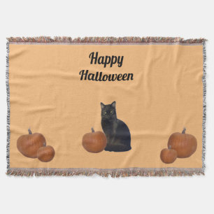 Black Cat and Five Pumpkins Happy Halloween Orange Throw Blanket