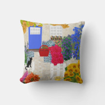 Black Cat and Flower Garden Pillow