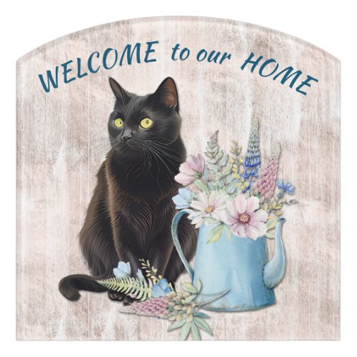 Black Cat and Flower Pot Welcome Door Sign