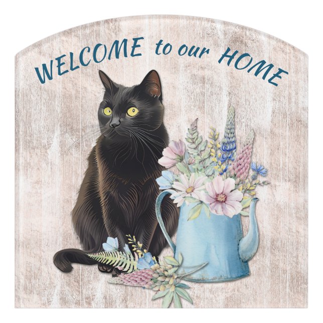 Black Cat and Flower Pot Welcome Door Sign (Contour Front)