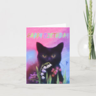 BLACK CAT AND FLOWERS BIRTHDAY CARD