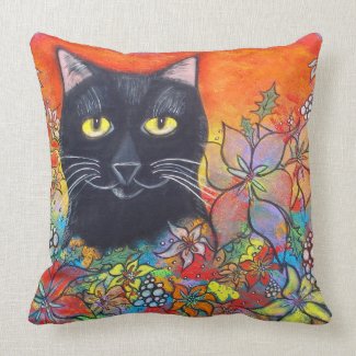 Black Cat and Flowers Pillow throwpillow