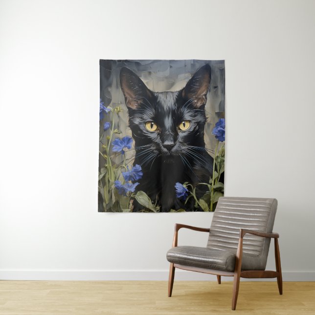 Black Cat and Flowers Tapestry (In Situ)