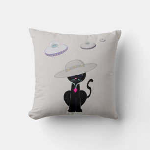 Black Cat and Flying Saucers Throw Pillow