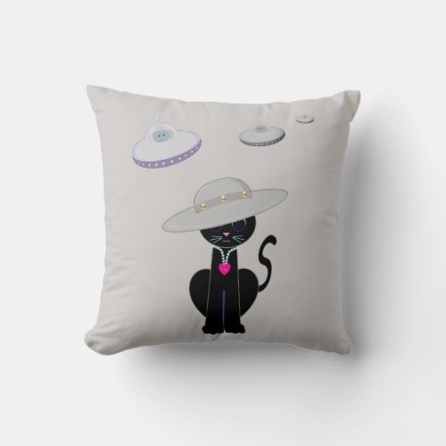 Black Cat and Flying Saucers Throw Pillow