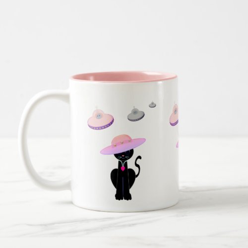 Black Cat and Flying Saucers Two_Tone Coffee Mug