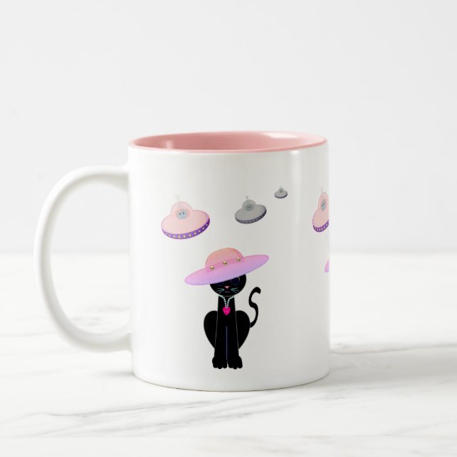 Black Cat and Flying Saucers Two-Tone Coffee Mug (Left)