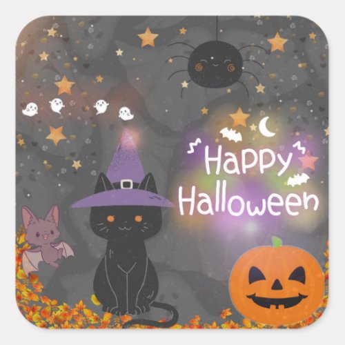 Black Cat and Friends Happy Halloween  Square Sticker