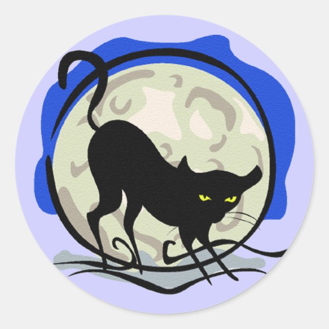 Black Cat and Full Moon Blue Background, ZSSG Classic Round Sticker (Front)