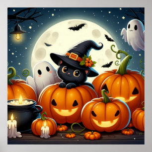 Black Cat and Ghost in a Pumpkin Patch Poster