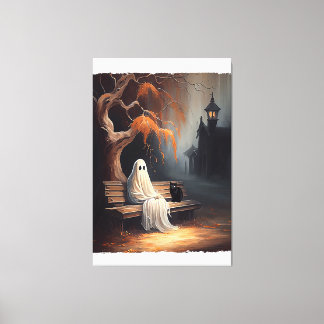Black Cat And Ghost Sitting On Bench Halloween Dar Canvas Print