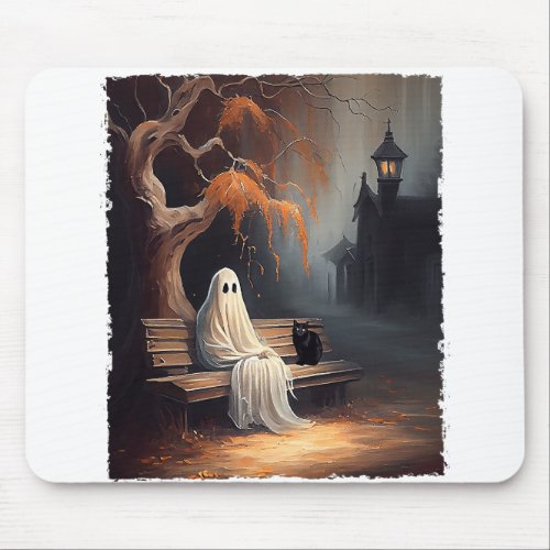 Black Cat And Ghost Sitting On Bench Halloween Dar Mouse Pad