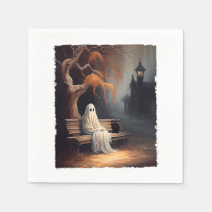 Black Cat And Ghost Sitting On Bench Halloween Dar Napkins